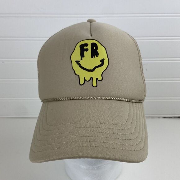 OTTO Melting Smiley Face FR Hat Mesh Snapback Foam Trucker Rope Cap Beige Yellow - Picture 1 of 9